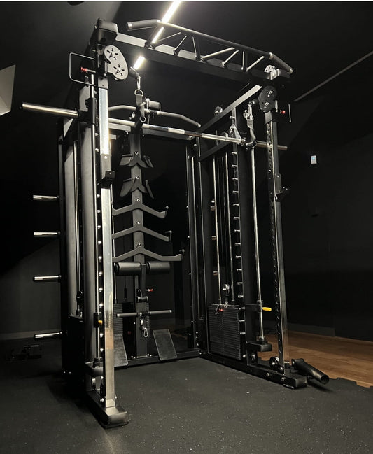 Multi Kraftstation Krypton Sport XF-405 PRO mit Smith-Maschine, 3 Gewichtsblöcke à 120 kg, Latzug, Dips, Landmine, Lever Arms, Gesamtgewicht 720kg, mattschwarz