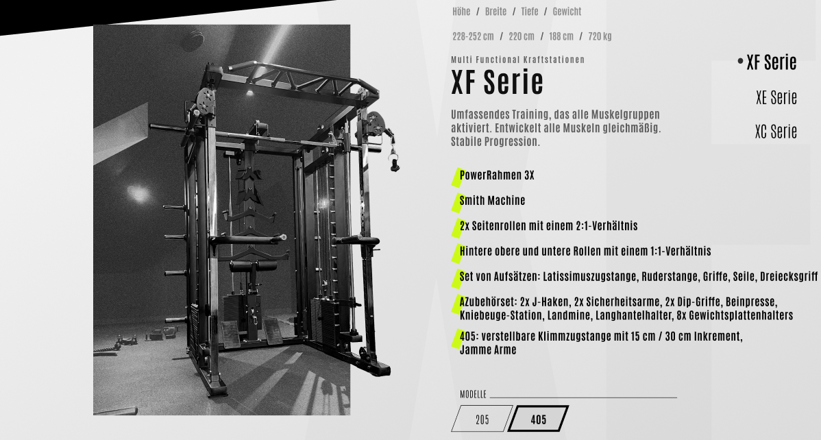 Multi Kraftstation Krypton Sport XF-405 PRO MAX mit Smith-Maschine, 3 Gewichtsblöcke à 120 kg, Latzug, Dips, Landmine, Lever Arms, Gesamtgewicht 770kg, mattschwarz